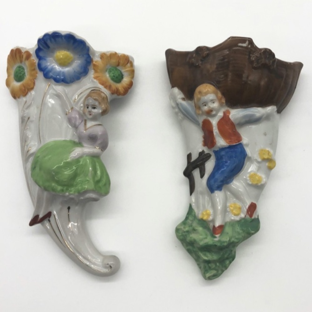 A-63- PAIR ANTIQUE CERAMIC WALL POCKETS - JAPAN - 7" LONG